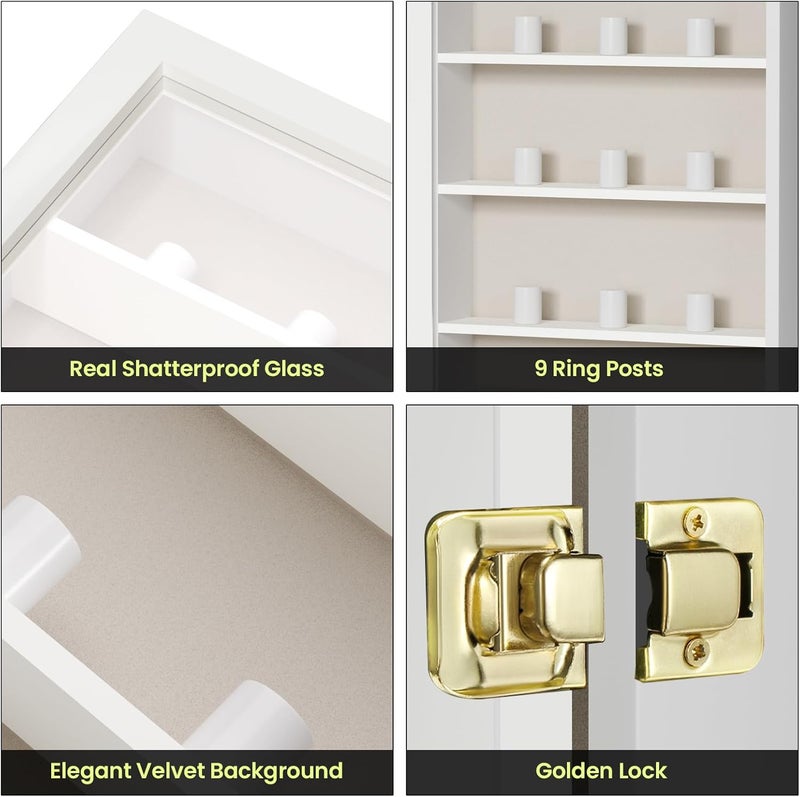 TJMOREE Championship Ring Display Case, 9 Ring Posts Baseball Ring Display Case, 8 x 10 Wall Mount Wooden Glass Shadow Box with Locks to Show Sport, Class, Fraternity, and Award Rings - White - Image 3